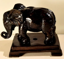 Wooden Elephant Figure Carved  Stand Glazed Shiny Center Hole Home Decor