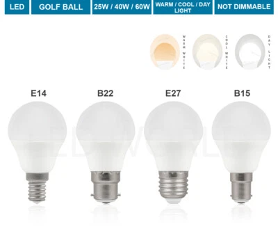 Screw E14 E27 / Bayonet B22 B15 LED Round Golf Ball 3W 4W 5W 6W / 25W 40W 60W - Image 1 of 4