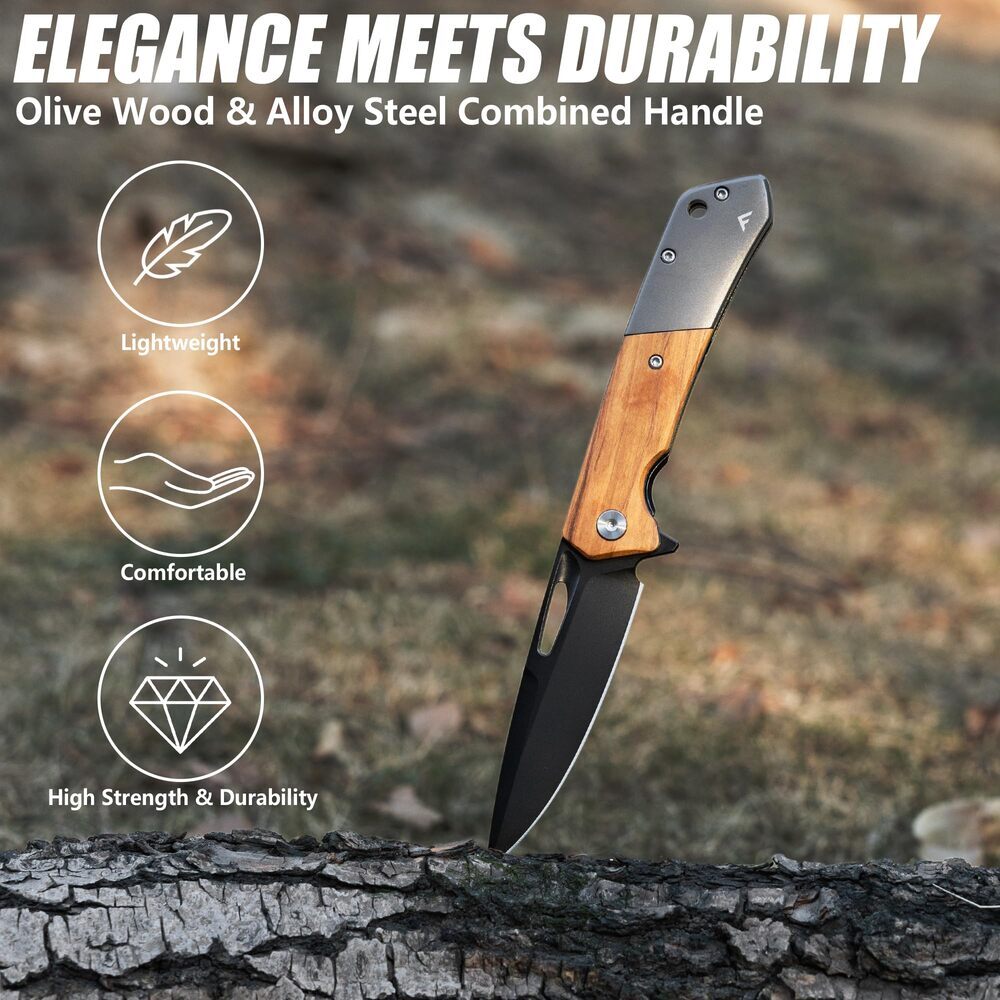 FLISSA Folding Pocket Knife SANDVIK 14C28N Steel Blade Olive Wood-Steel Handle