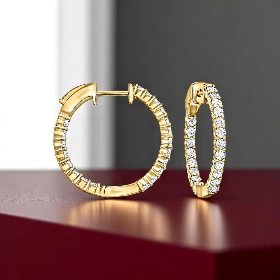 Women Hoop Earring 18k Yellow Gold Lab Grown 1.00 Ct Round  0.75 inches Diamond - Image 3 of 4