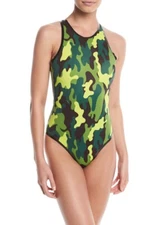 CARDO Paris Women 1-Piece Camoflage Swimwear Sz 8 Green/Black/Lime Made In Italy