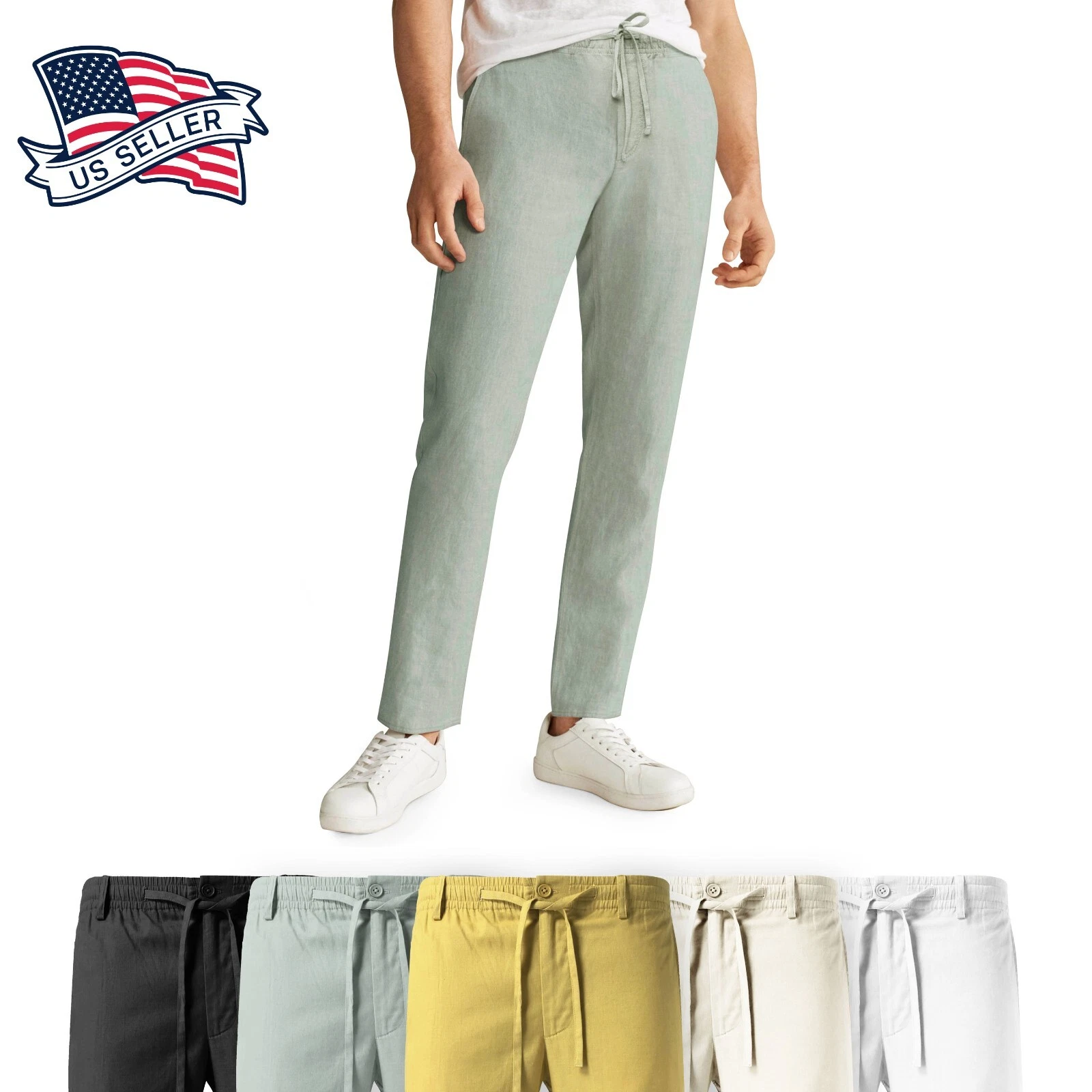 Mens Premium Soft Linen Pants Wrinkle Resistant Flat Front Classic Slacks