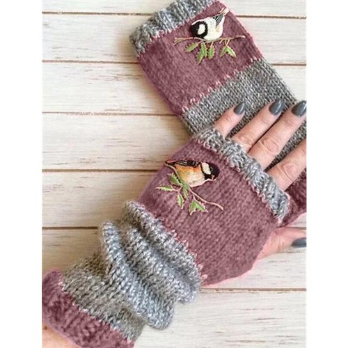 Women Fingerless Gloves Birds Embroidery Knitted Gloves Winter Casual Mittens+ - Picture 20 of 22