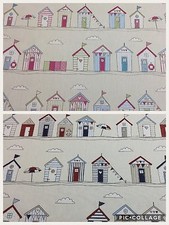 Fryetts BEACH HUT Blue/Pink Cotton Fabric For Curtains/Upholstery/Crafts
