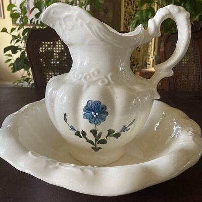 Victorian Trading Co French Flower Basket Pitcher & Bowl Basin Bath Victorian Trading Co French Flower Basket Pitcher & Bowl Basin Bath