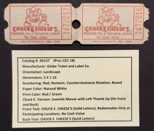 2 CONNECTED VINTAGE CHUCK E CHEESE PRIZE TICKETS - VG COND - CATALOG #301GT