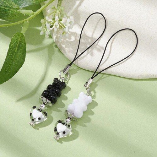 2Pcs Handmade Keychain Colorful Bear Pendant Phone Chain Glass Heart Strap Decor - Photo 5 sur 8