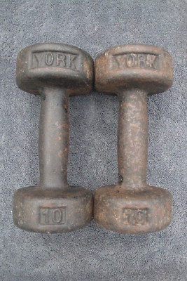 2-Vintage 10 Pound lb York Barbell Roundhead Dumbbell Total 20  FLAT NO ROLL