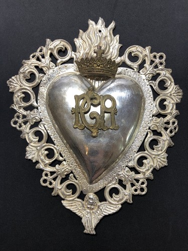 9” ANTIQUE ITALIAN EX VOTO SACRED HEART SILVER early 1900s Metal Angel Vtg PGR