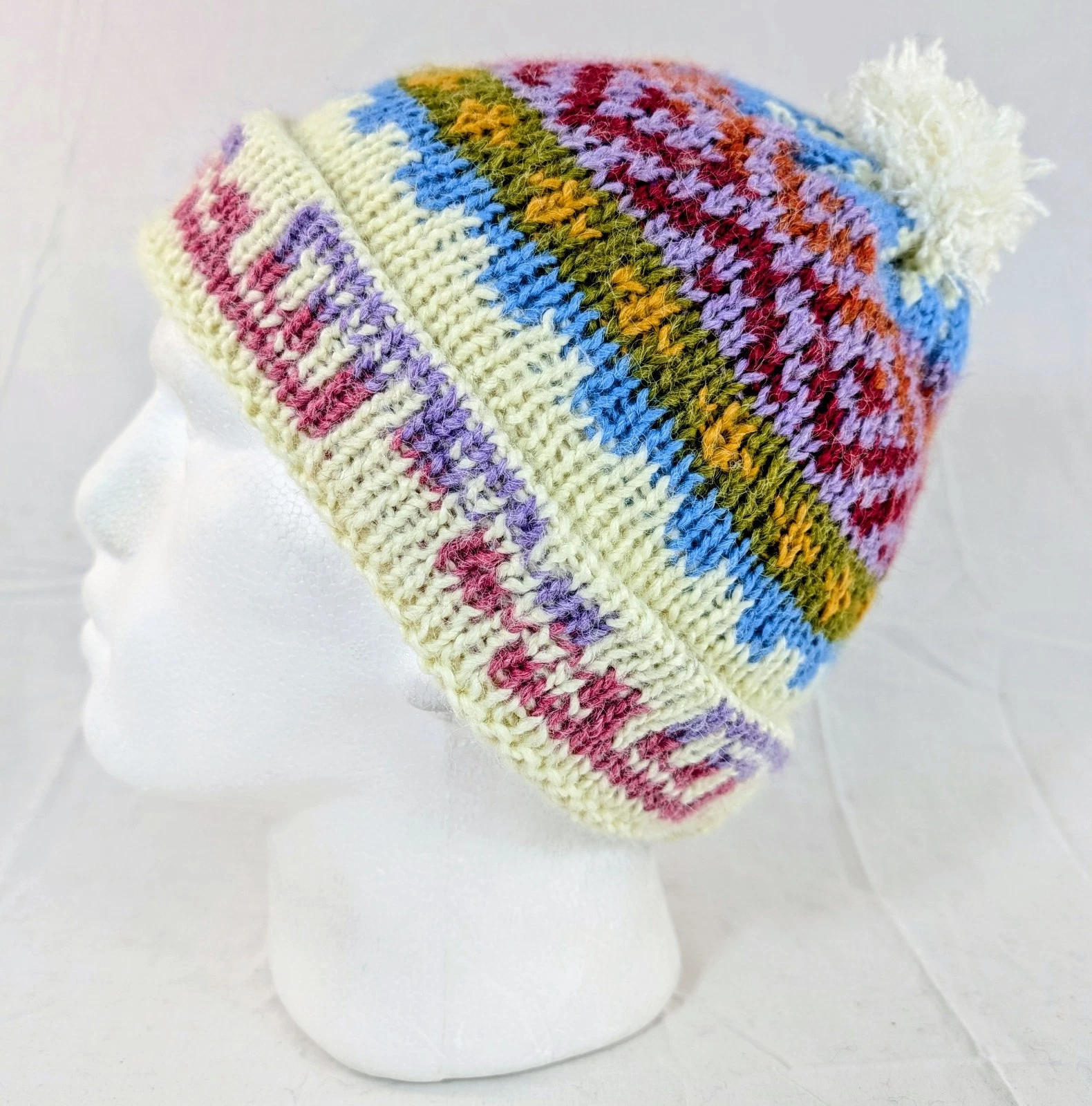 Colorful Soft Alpaca Beanie Pom Pom Handmade White Unisex Boho Peru