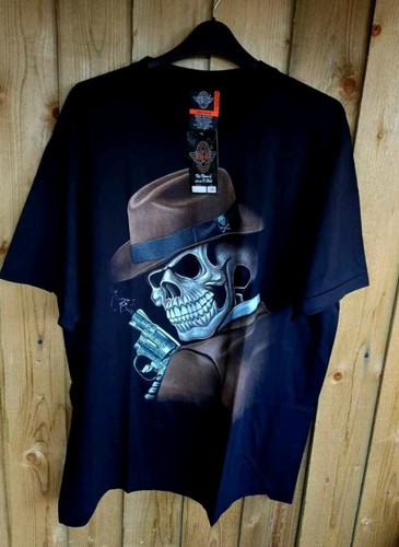 XL 46 - 48" CHEST BLACK T SHIRT HAT SKULL GUN BIKER GOTHIC ALTERNATIVE ROCK - Picture 1 of 1