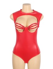 WOW BABE Red Faux Leather Sleeveless Open Crotch Teddy Bodysuit Size 18 UK