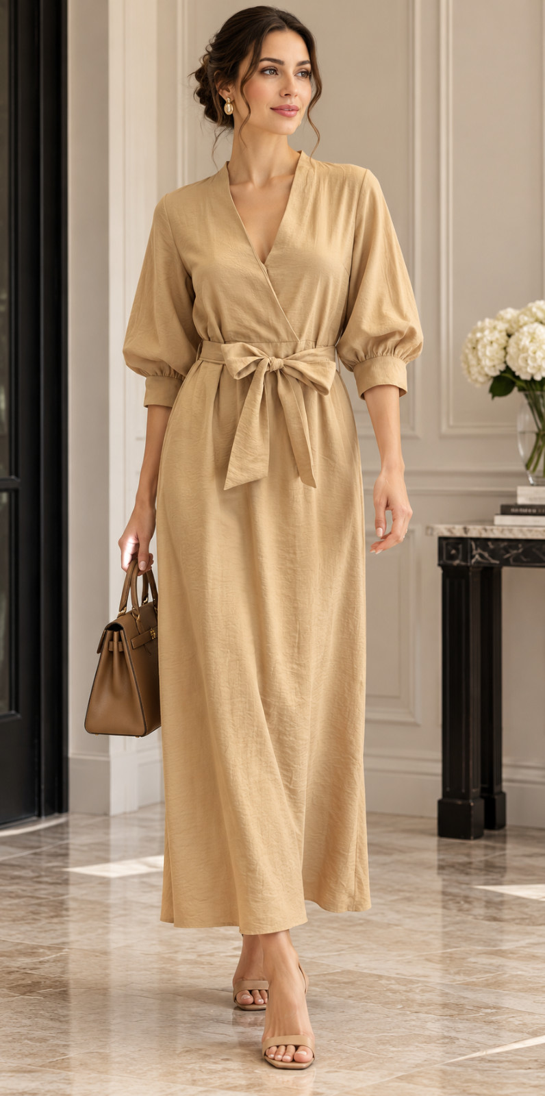 NWT BROCHU WALKER Aurel Maxi Slit Dress Sahara Medium Tan Wrap Puff Sleeves