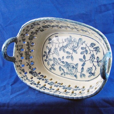 Vintage Pottery Blue & White Floral Bowl With Handles Server Dish Bread Basket