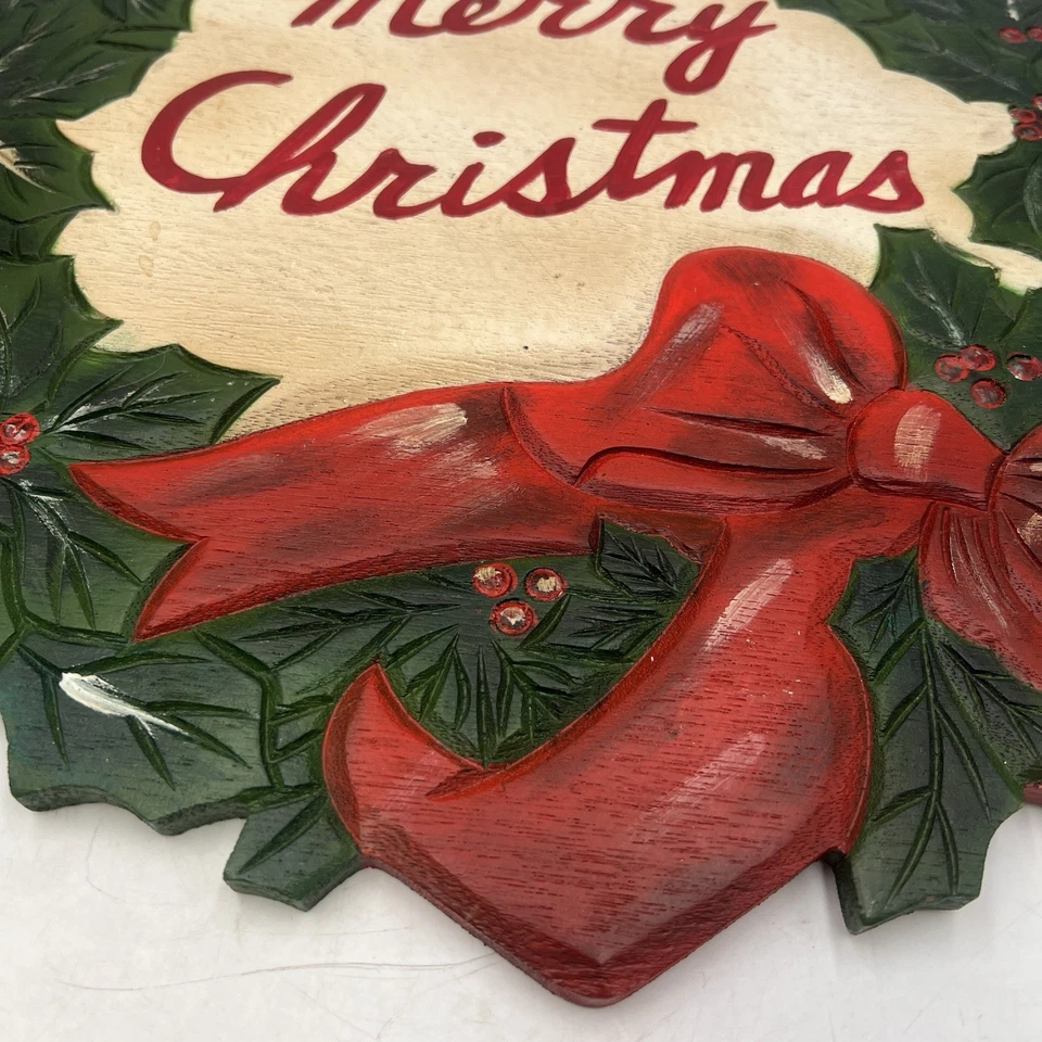 "Letrero de Feliz Navidad vintage tallado a mano madera colgante corona puerta 15""x17""" Foto 3 de 4