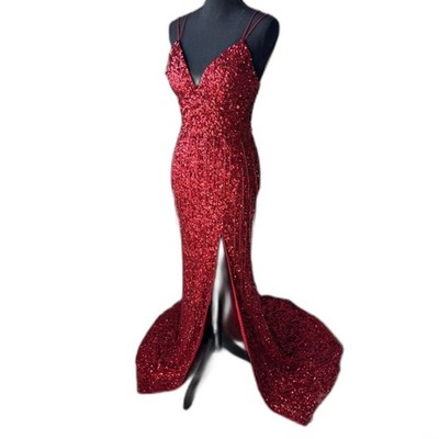 Size 0 Sherri Hill red sequin beaded fringe dress slit train corset (10334)  | eBay