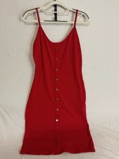 Women’s Red Ribbed Knit Button-Front Strappy Scoop Neck Bodycon Midi Dress