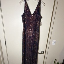 Nightway Navy Sequin V-Neck Sleeveless Maxi Dress Size 10 Style 22096
