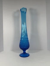 Vintage Retro MCM Blue Glass Swung Vase 21.75”Hobnail Pedestal Base Fenton Style