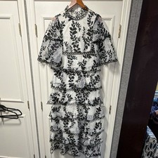 White Black Embroidered Leaf Tiered Ruffle Long Dress Silk Ring Trim Size L