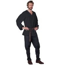 Renaissance Peasant Shirt Black Medieval Pirate King Mens Costume Top S/M