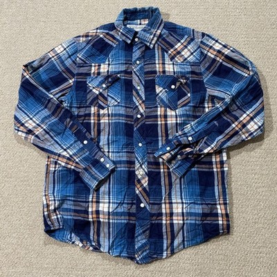 Wind River Western Shirt Mens Small Blue Multi Plaid Flannel Pearl