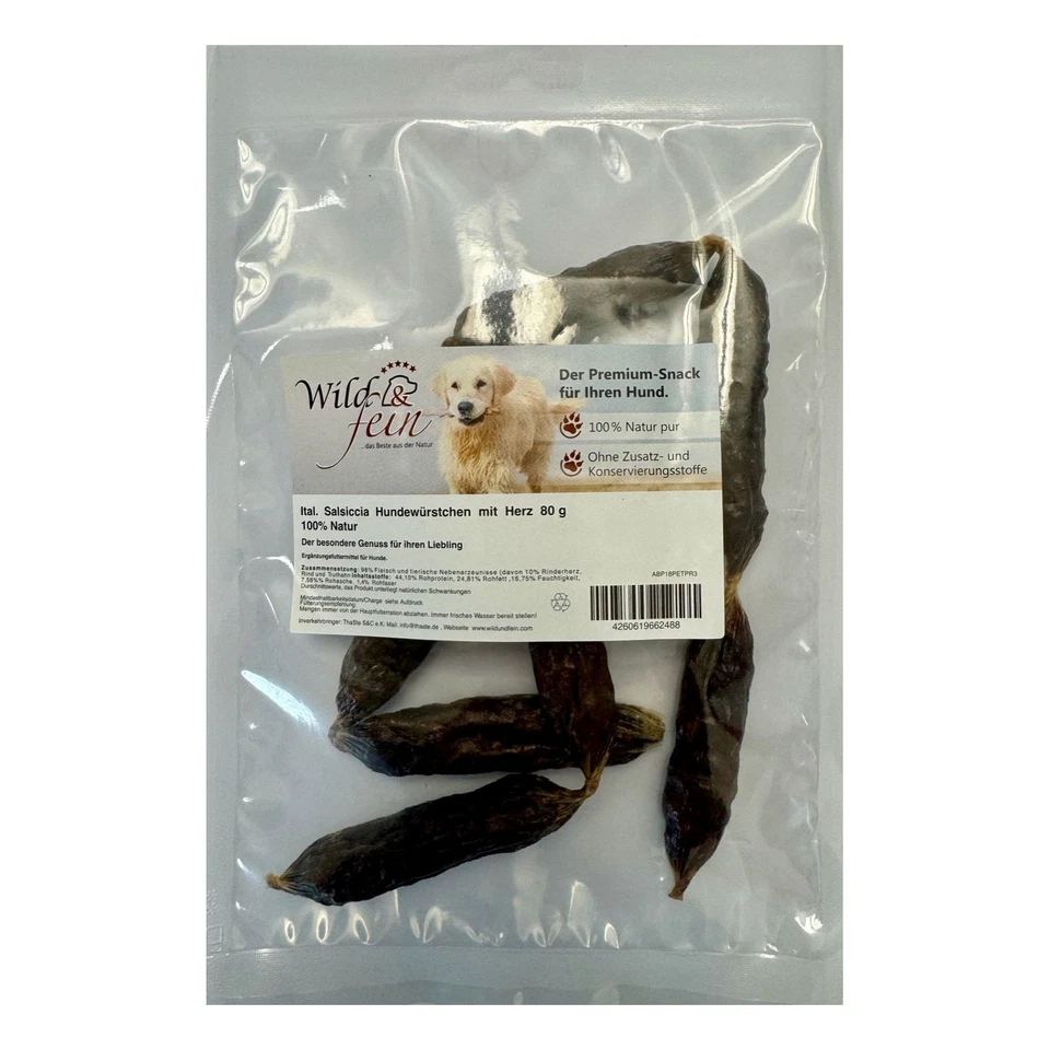 Wild & Fein italienische Salsiccia Hundewürstchen mit Herz - 80 g Hundewurst