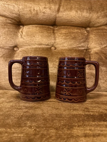 VTG Lot 2 MARCREST Daisy Dot Brown Stoneware 16oz Beer Stein MUG Tankard 5" USA