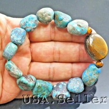Blue Turquoise Bracelet Rough Nugget/Tigereye Beads Stretch Kingman Healing 7.5"