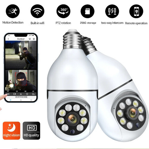 3MP E27 Bulb IP WiFi Cameras Color Night Vision 4x Zoom Monitor Human Tracking