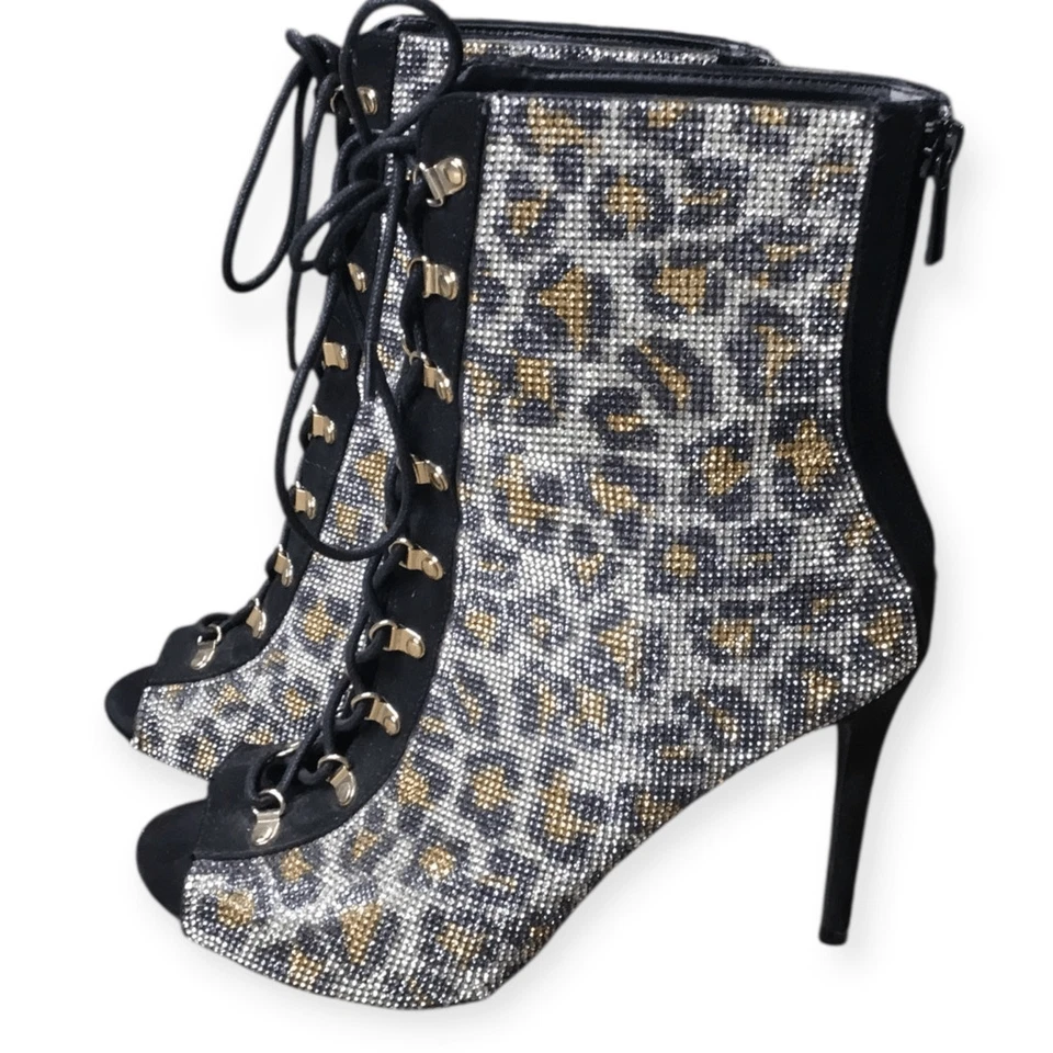 ANNE MICHELLE женщин гепард печать со стразами на шнуровке заглянуть носок Stiletto ботинок - Изображение 3 из 4