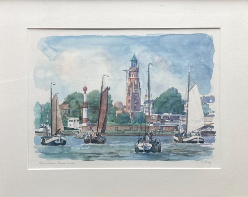Aquarell 1987 Maritim Leuchtturm Bremerhaven mit Segelboote Schiffe Hafen - Bild 3 von 9