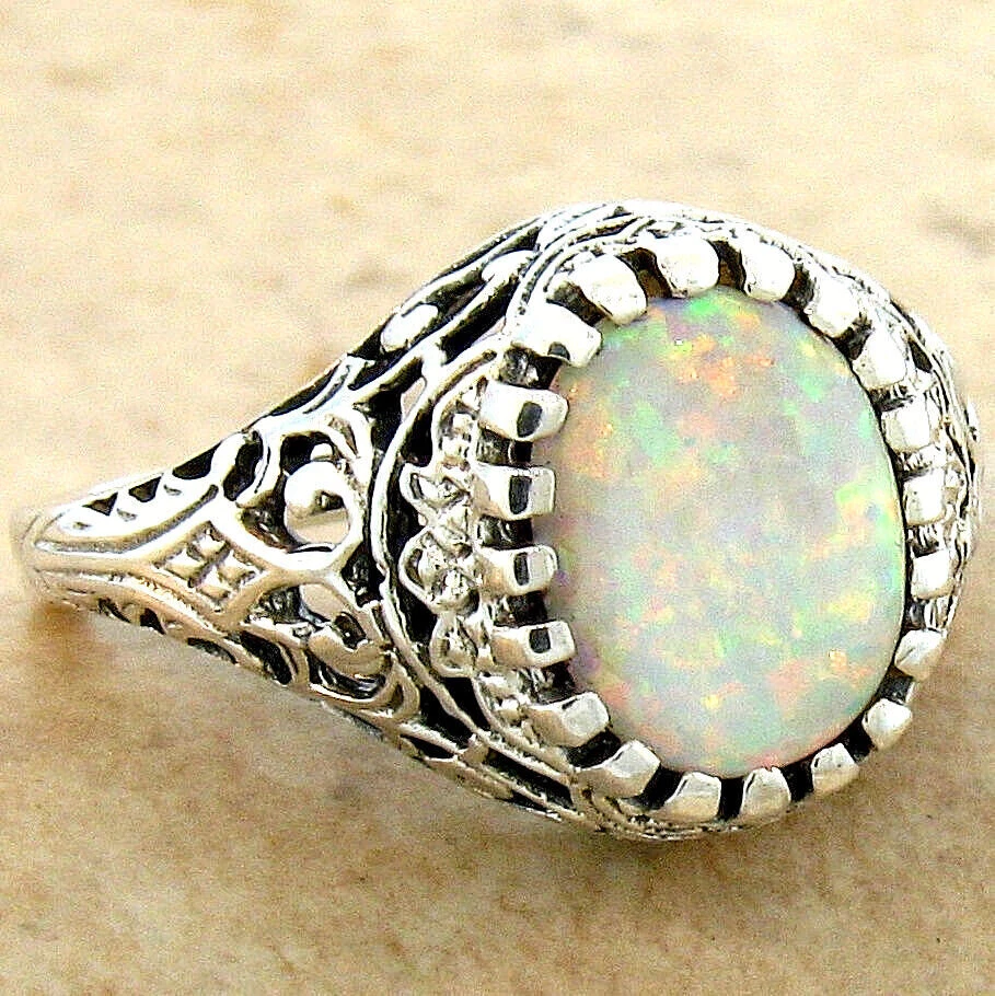 VICTORIAN ANTIQUE STYLE 925 SOLID STERLING SILVER LAB OPAL FILIGREE RING 629Z - Image 4 of 4