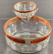 Arcoroc Glass Chip Dip Set w Dip Bowl Bracket France Brown and Gold Border Trim
