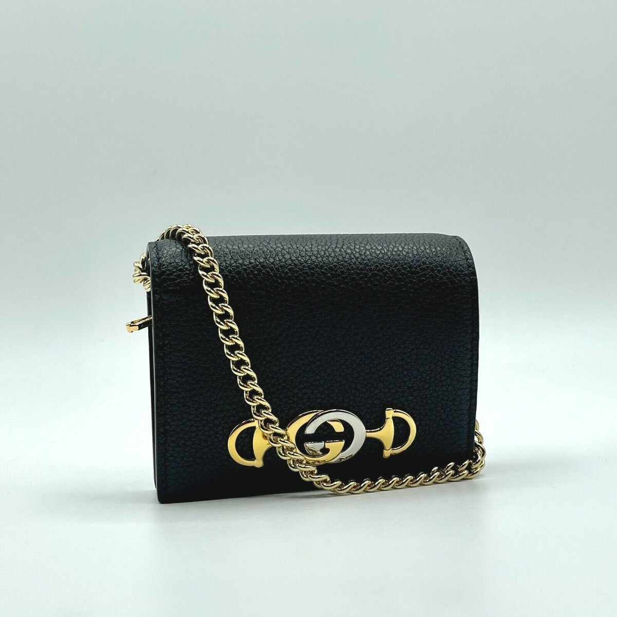 New Gucci Zumi Black Leather Gold Chain Bi-Fold Mini Wallet w/Box
