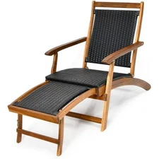 Patio chaise lounge chair - acacia wood folding rattan wicker chair w/