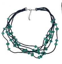 5 Strand Multi Faceted Aqua Green Glass Beaded Necklace With Soft Black Cord