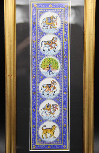 Framed Painted Silk Miniatures of Indian Tribes Symbolic Animals Made in India - Picture 2 of 3