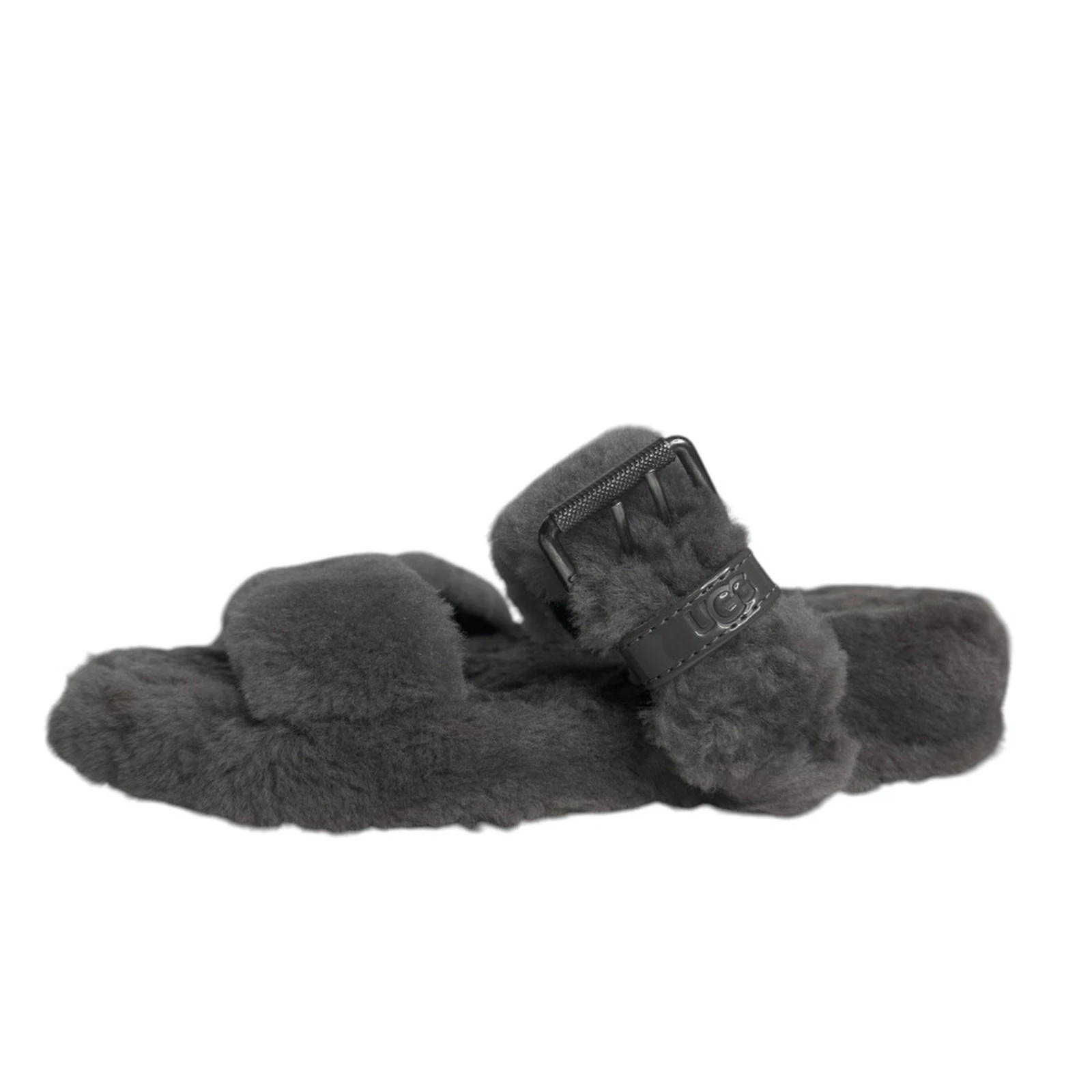 Ugg Fuzz Yeah pantofole grigio shearling fuzzy slide sandali con fibbia grande donna 9