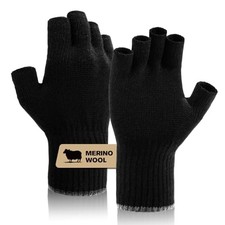 Merino Wool Fingerless Gloves for Men Women Half Finger Gloves Large Black