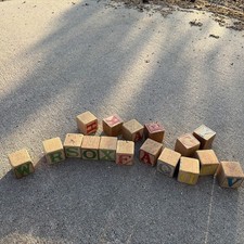 Vintage Wooden Alphabet Blocks Toy Set Of 17 Carved Letters Primitive Colors