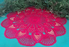 New Crochet Christmas Centerpiece Doily Handmade Red w/ Gold Beads