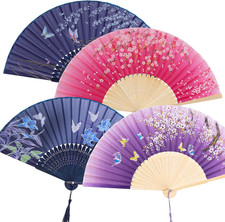 4 Pcs Handheld Folding Fan Small Chinese Silk with Tassel Floral Manual Fan