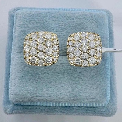 2Ct Round Cut Real Moissanite Cluster Charm Stud Earrings 14K Yellow Gold Plated