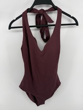 Spanx size M pique shaping one piece halter swimsuit Mulberry built in bra