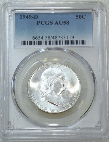 1949-D Franklin Half Dollar PCGS AU58 looks FBL PQ New Holder #V81C