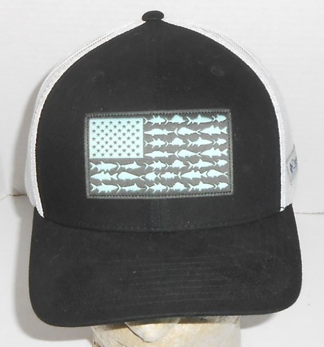 Columbia PFG Trucker Teal Blue/Black Hat Mesh Adjustable Snapback  Fish Flag B25