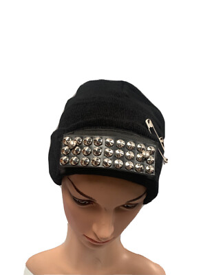 Black Winter Warm Beanie Goth Punk Hat Metal Studs And Safety