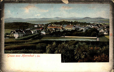 Herrnhut Sachsen Oberlausitz ~1910 Panorama Kirchensaal Häuser Landschaft Berge