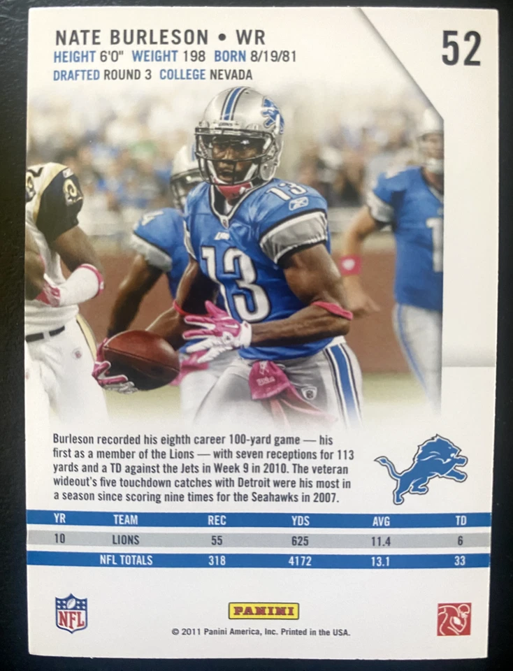 Nate BURLESON 2011 Rookies & Stars Panini Football #52 Detroit Lions - Image 2 of 2